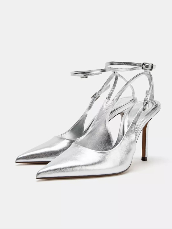Zara Shoes - Zara Metallic Silver Pointed-Ankle Strap Pumps